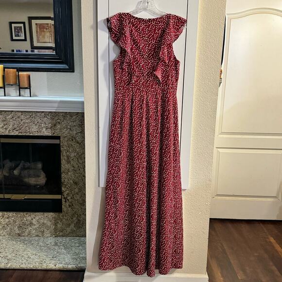 Lulus Fondest Memories Wine Red Polka Dot Sleeveless Ruffled Jumpsuit Size Med - Picture 8 of 10